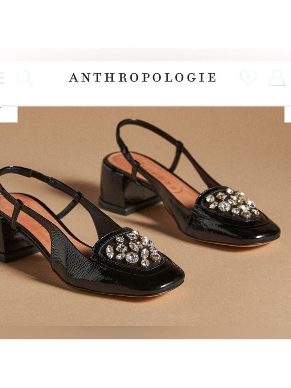 Anthropologie Vicenza Black Patent Leather Crystal Slingback Block Heels size 7
